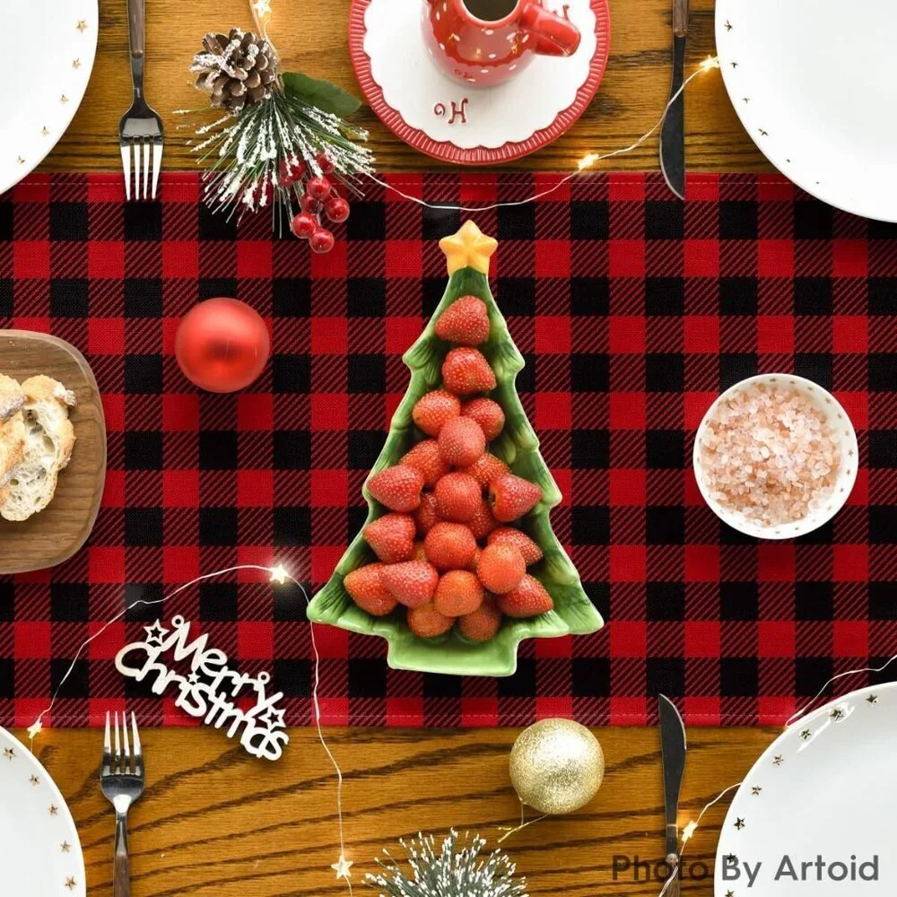 Believe Xmas Red and Black Buffalo Plaid Table Runner, Seasonal Winter 13x72